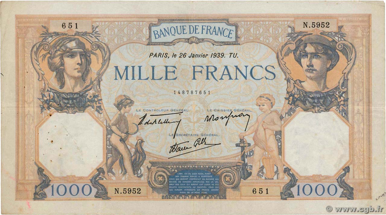 1000 Francs CÉRÈS ET MERCURE type modifié FRANCE  1939 F.38.33 TB