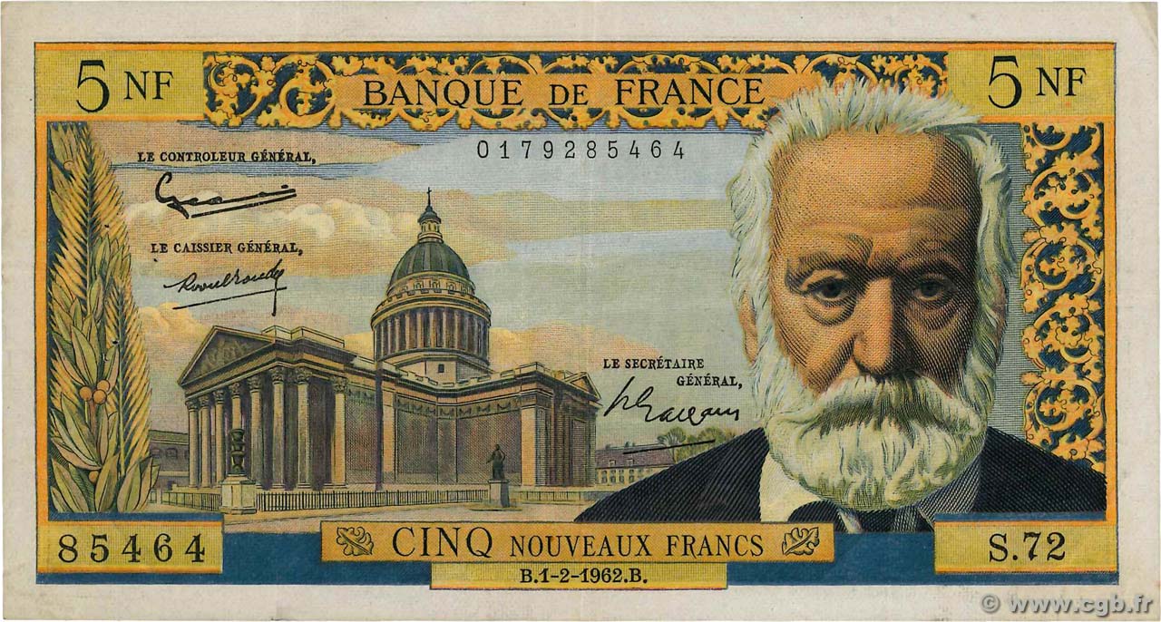 5 Nouveaux Francs VICTOR HUGO FRANCE  1962 F.56.10 TTB