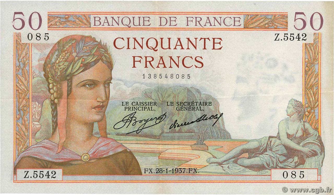 50 Francs CÉRÈS FRANCE  1937 F.17.33 VF+