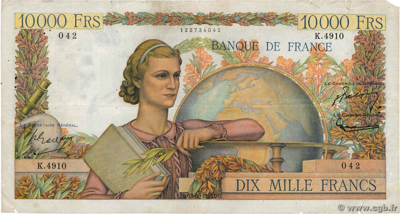 10000 Francs GÉNIE FRANÇAIS FRANCIA  1953 F.50.66 q.MB