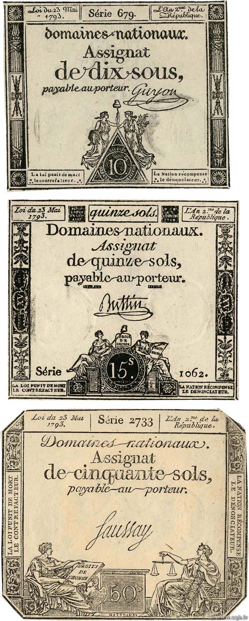 Lot 3 assignats : La Révolution Française 1792-1795 FRANCIA  1793 Ass.40b- 41b- 42c EBC a SC