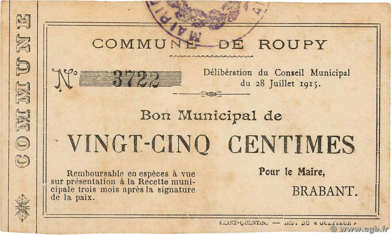 25 Centimes FRANCE régionalisme et divers  1915 JP.02-1951 TTB