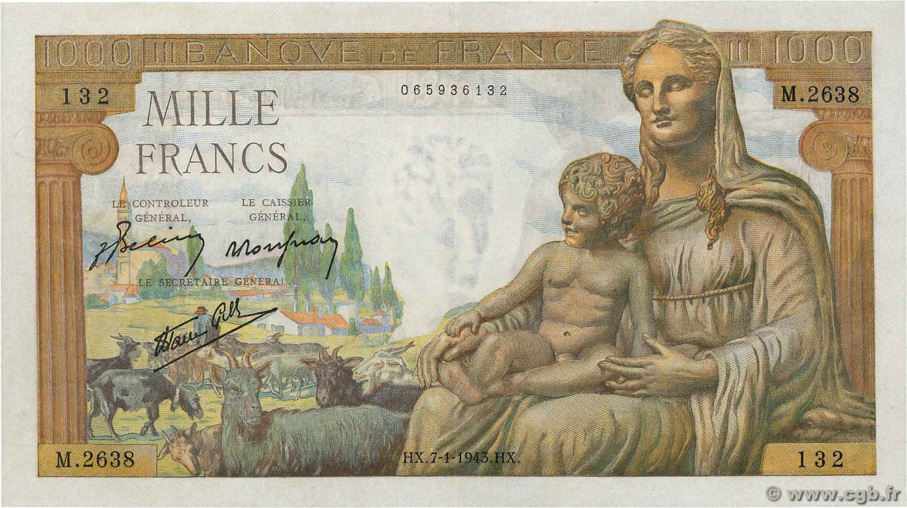 1000 Francs DÉESSE DÉMÉTER FRANCE  1943 F.40.15 XF+