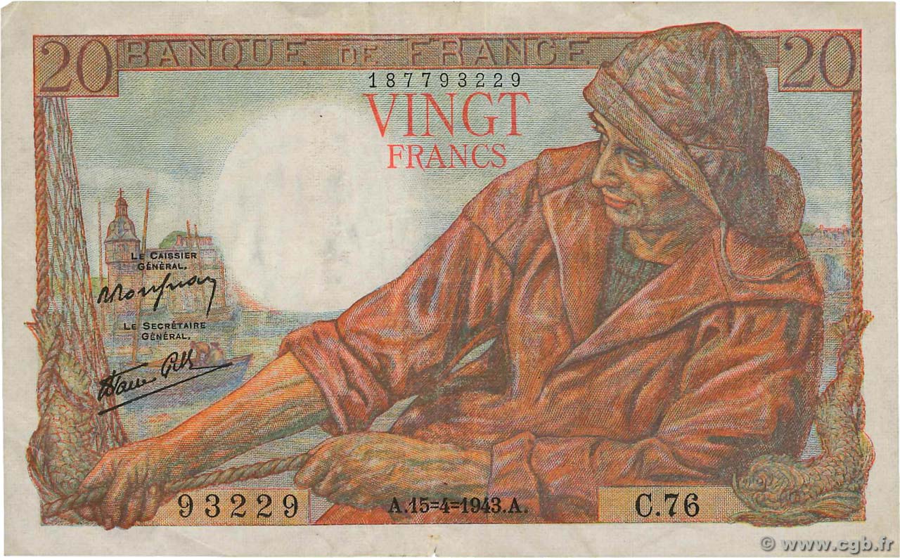 20 Francs PÊCHEUR FRANCE  1943 F.13.06 VF-