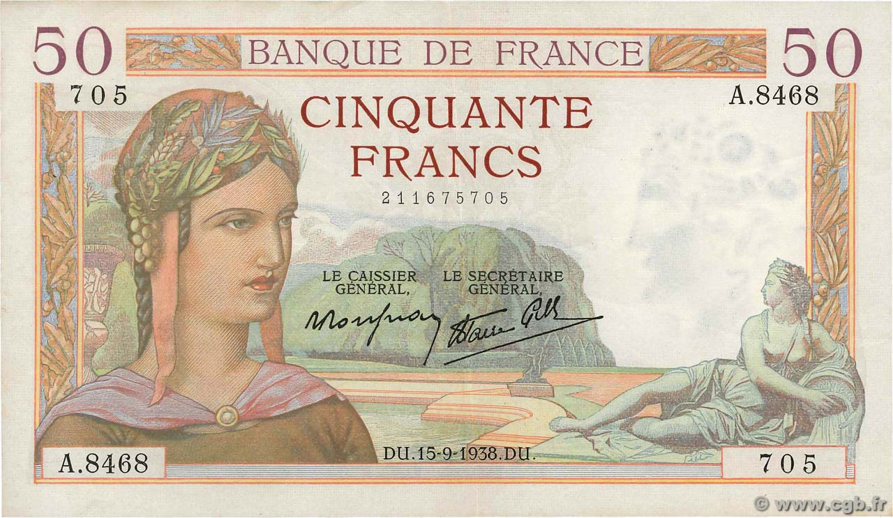 50 Francs CÉRÈS modifié FRANKREICH  1938 F.18.14 SS