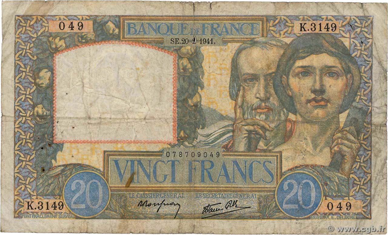 20 Francs TRAVAIL ET SCIENCE FRANCE  1941 F.12.12 B