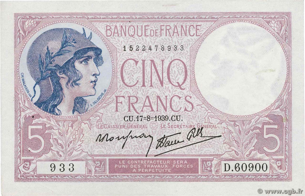 5 Francs FEMME CASQUÉE modifié FRANCE  1939 F.04.06 XF
