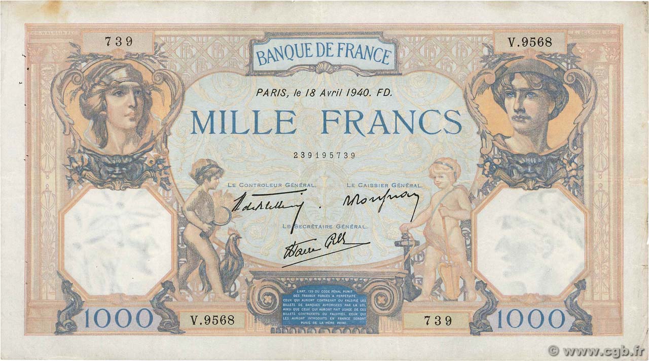 1000 Francs CÉRÈS ET MERCURE type modifié FRANKREICH  1940 F.38.46 fSS
