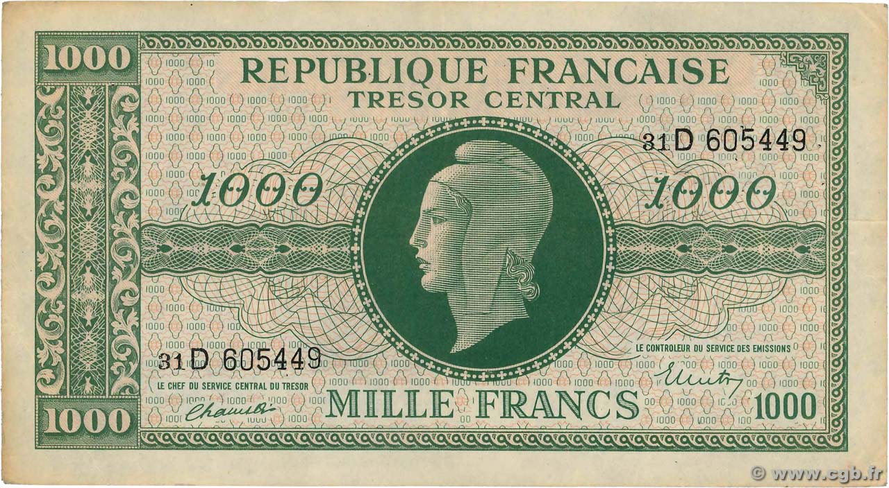1000 Francs MARIANNE THOMAS DE LA RUE FRANCE  1945 VF.13.01 TTB