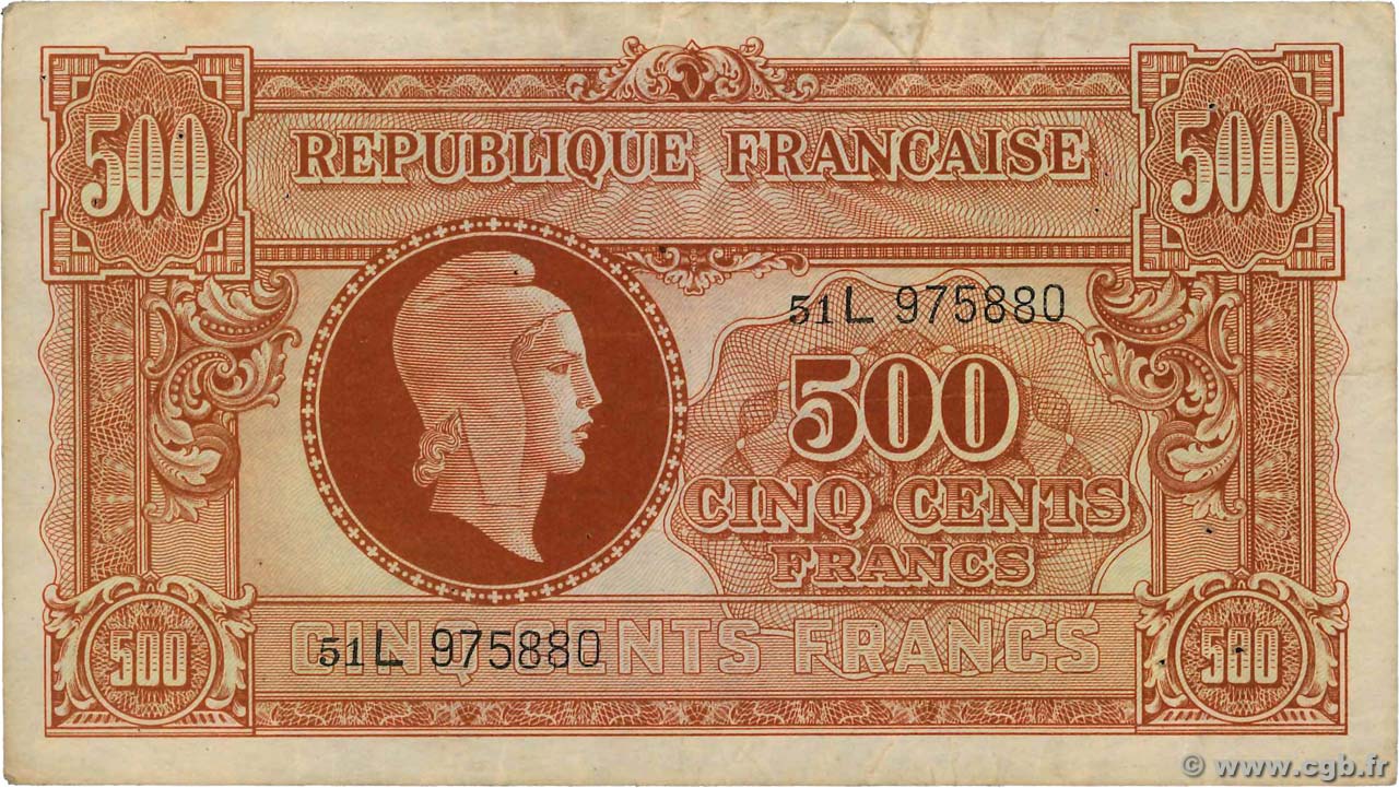 500 Francs MARIANNE fabrication anglaise FRANCE  1945 VF.11.01 F+