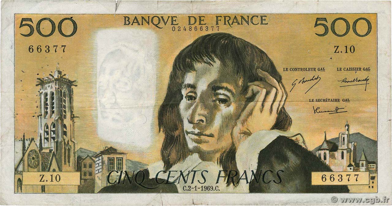 500 Francs PASCAL FRANCE  1969 F.71.03 VG
