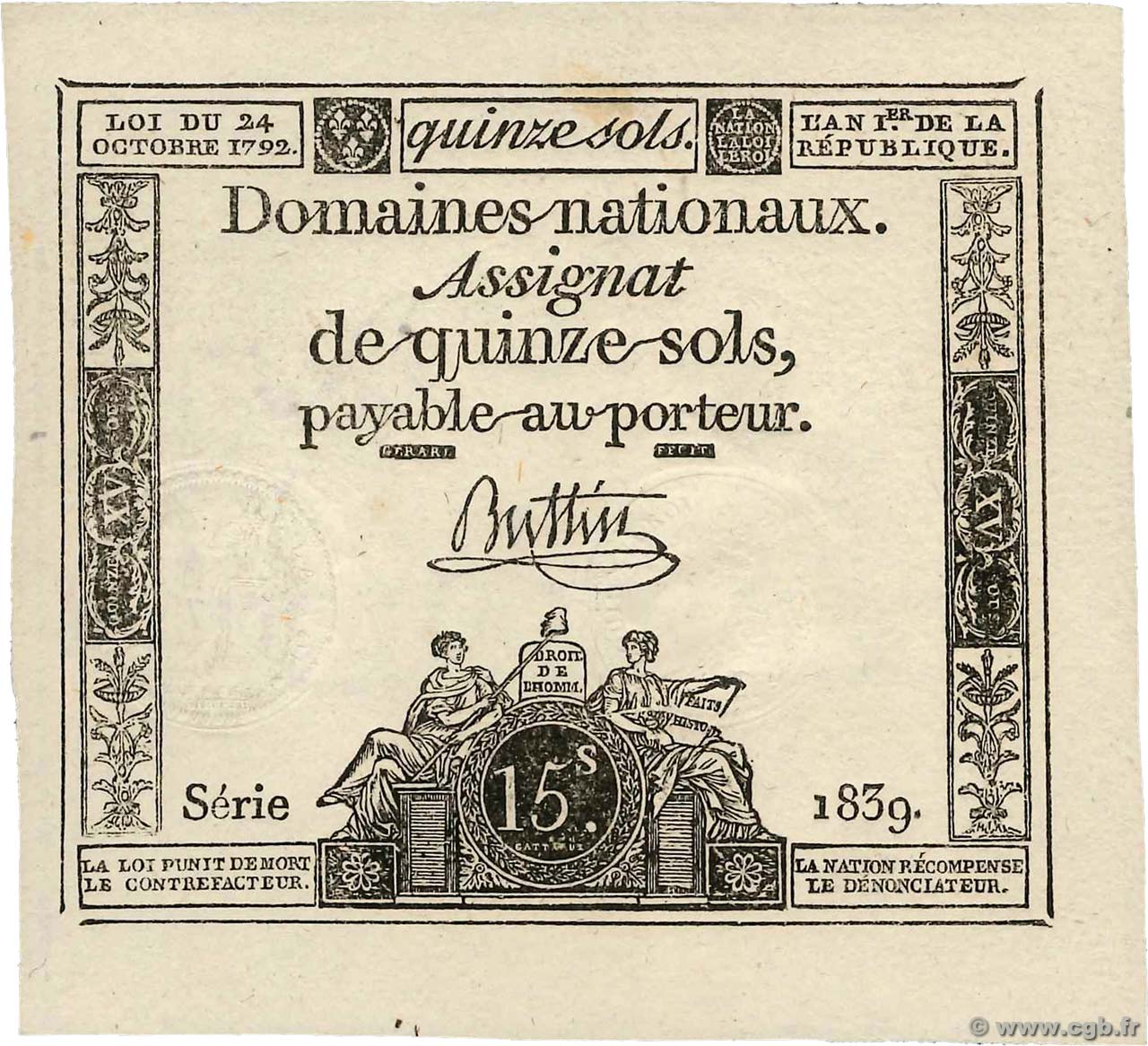15 Sols FRANCE  1792 Ass.35a UNC-