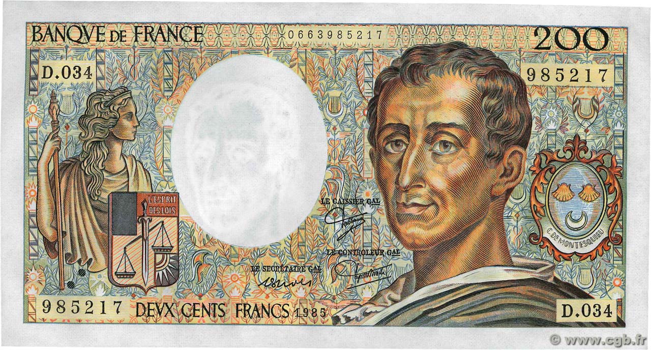 200 Francs MONTESQUIEU FRANCIA  1985 F.70.05 EBC+
