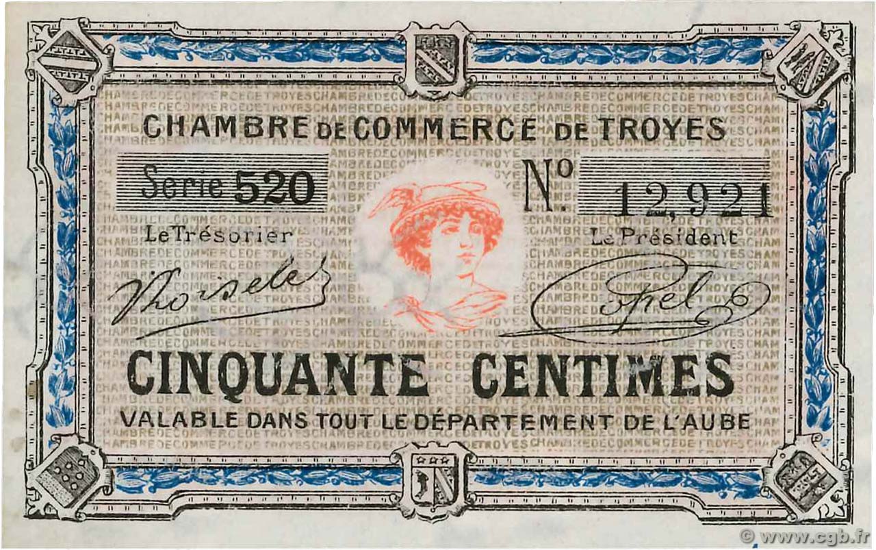 50 Centimes Numéro radar FRANCE regionalism and various Troyes 1918 JP.124.13 UNC
