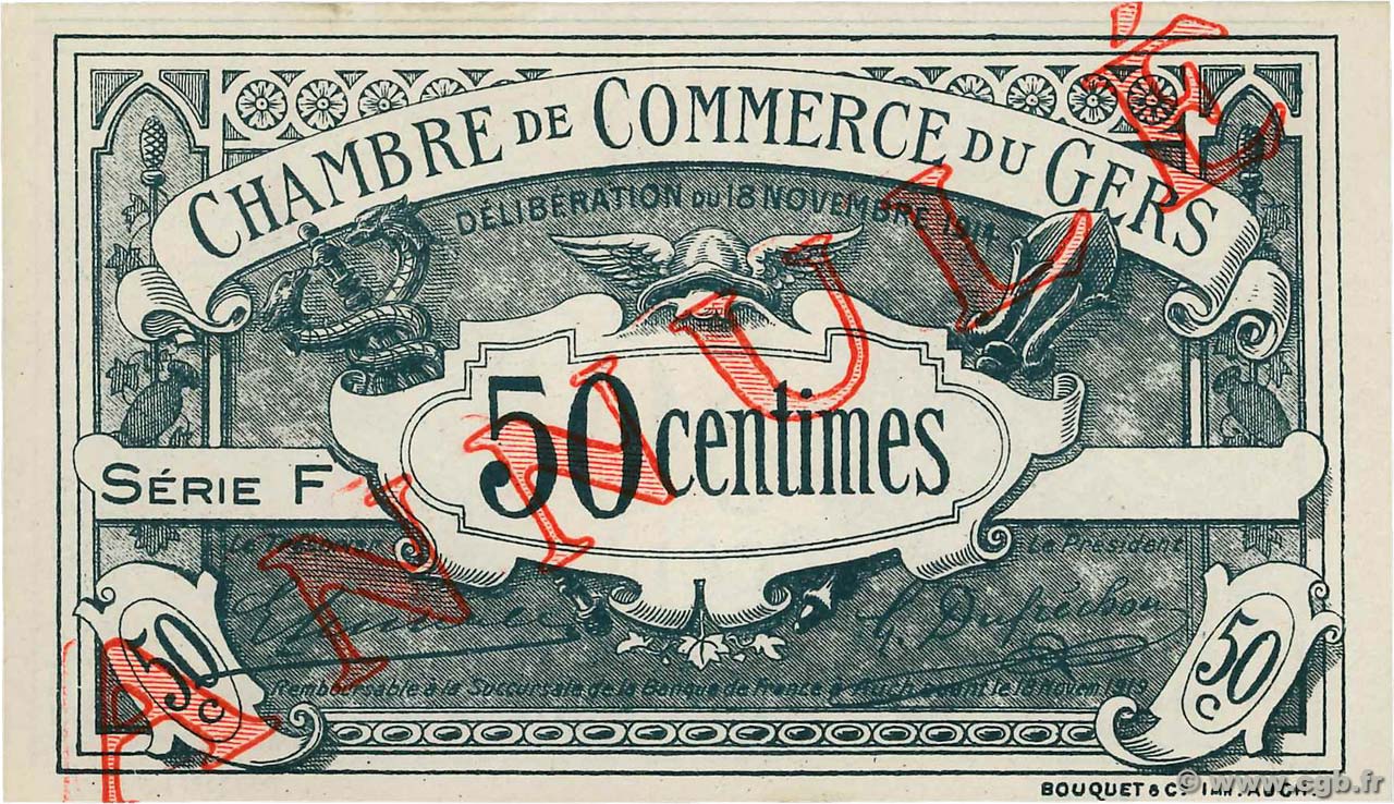 50 Centimes Annulé FRANCE regionalism and various Auch 1914 JP.015.06 UNC-