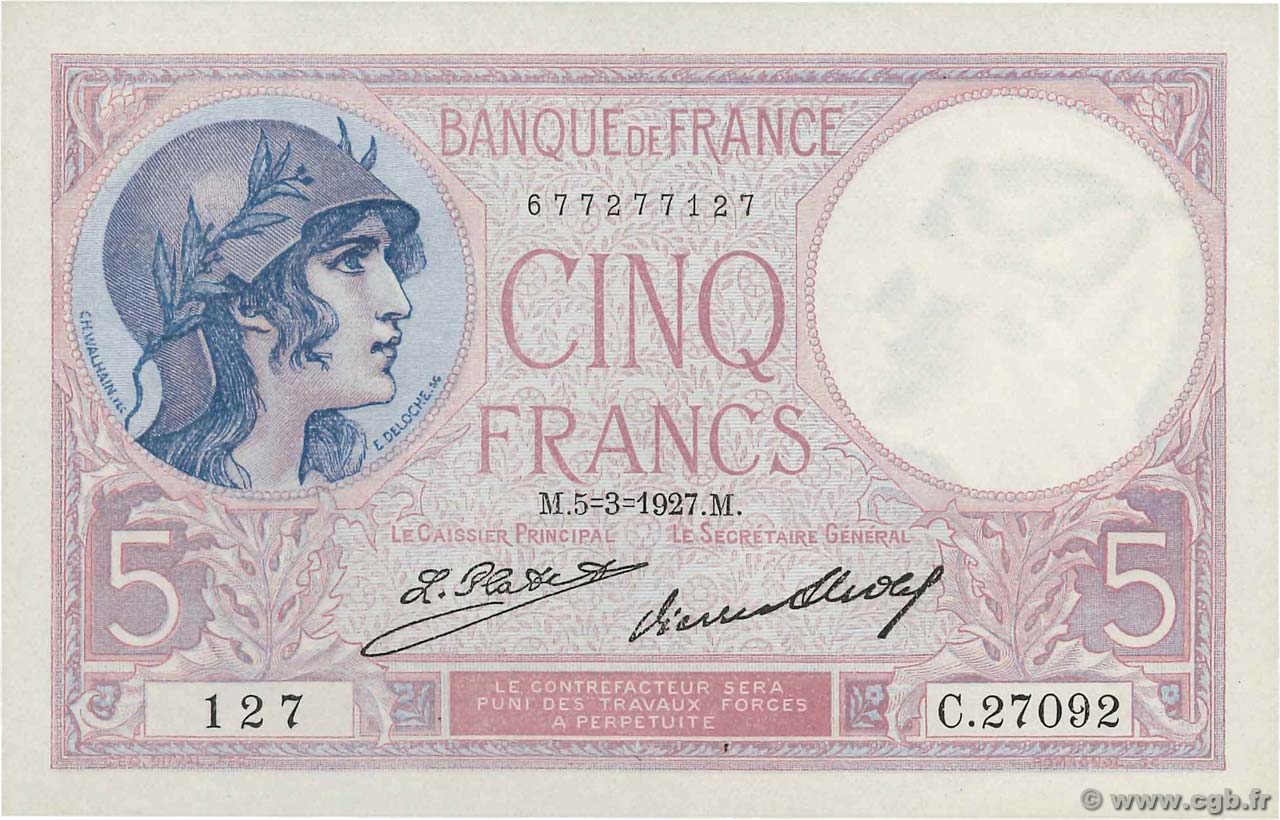 5 Francs FEMME CASQUÉE FRANCE  1927 F.03.11 AU-