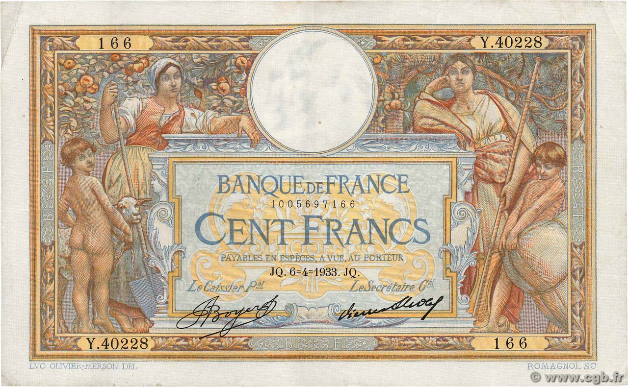 100 Francs LUC OLIVIER MERSON grands cartouches FRANCIA  1933 F.24.12 BB