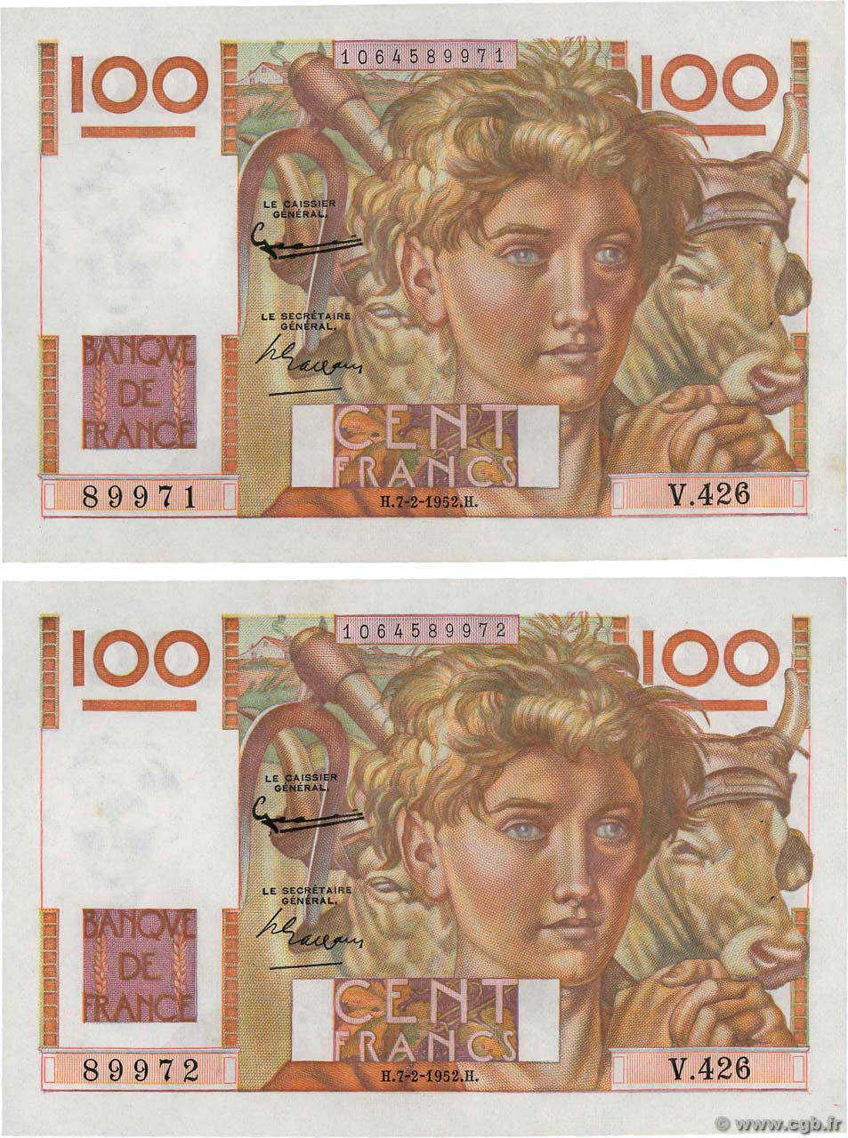 100 Francs JEUNE PAYSAN Consécutifs FRANCE  1952 F.28.31 SUP