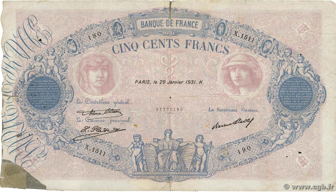500 Francs BLEU ET ROSE FRANCE  1931 F.30.34 G