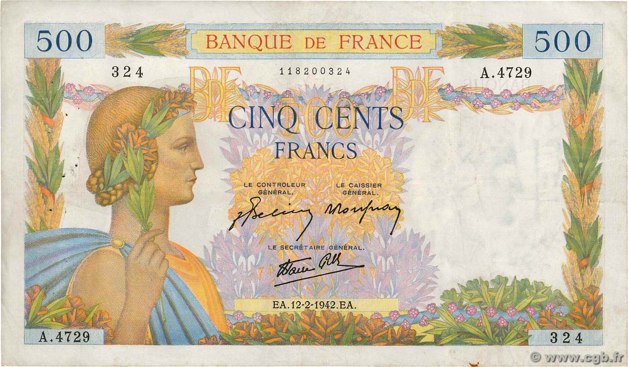 500 Francs LA PAIX FRANCIA  1942 F.32.29 BB