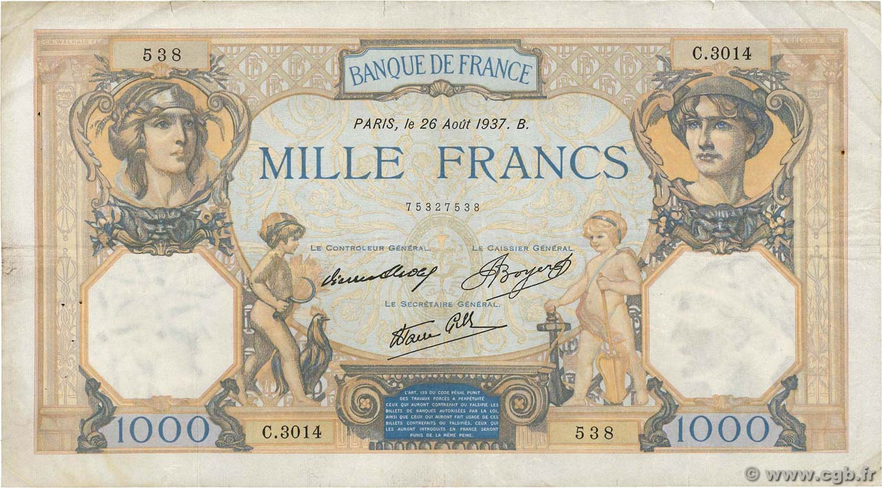 1000 Francs CÉRÈS ET MERCURE type modifié FRANCIA  1937 F.38.03 MB