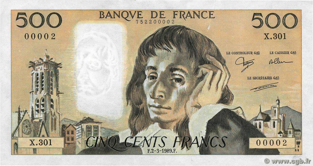 500 Francs PASCAL FRANCIA  1989 F.71.41 q.SPL