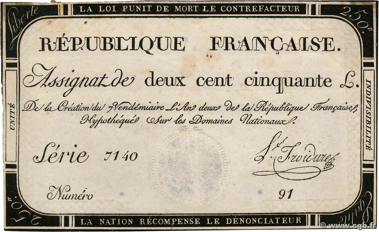 250 Livres FRANCE  1793 Ass.45a TTB