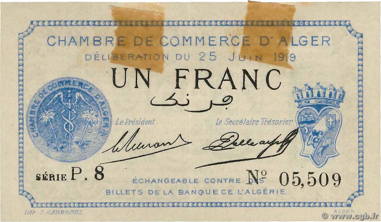 1 Franc FRANCE regionalismo e varie Alger 1919 JP.137.12 SPL