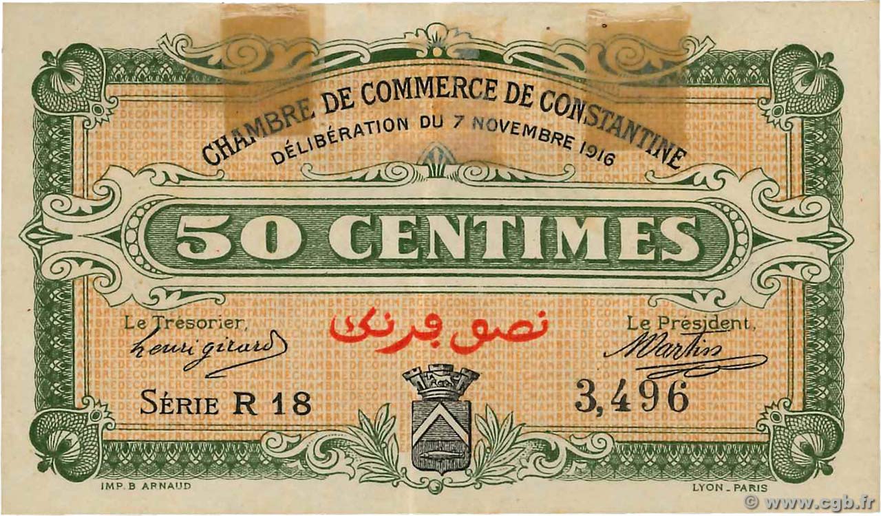 50 Centimes FRANCE regionalism and various Constantine 1916 JP.140.06 VF
