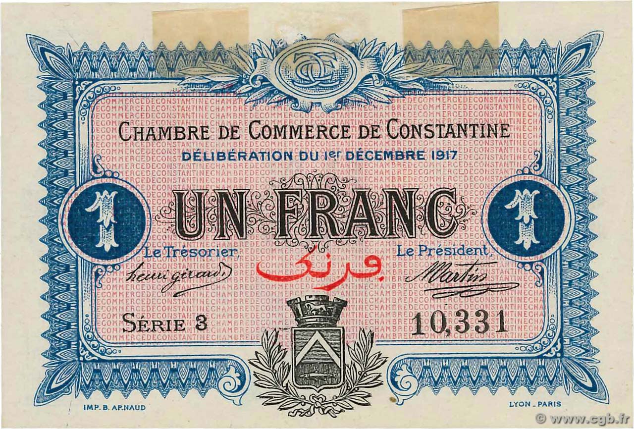 1 Franc FRANCE Regionalismus und verschiedenen Constantine 1917 JP.140.15 VZ