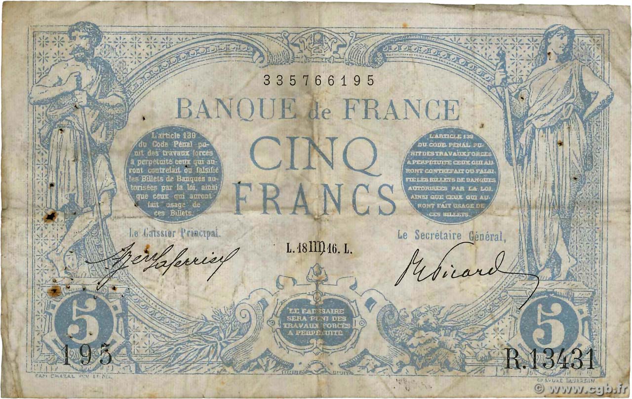 5 Francs BLEU Numéro radar FRANKREICH  1916 F.02.42 S