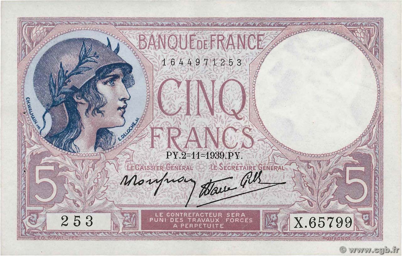 5 Francs FEMME CASQUÉE modifié FRANCE  1939 F.04.14 SUP+
