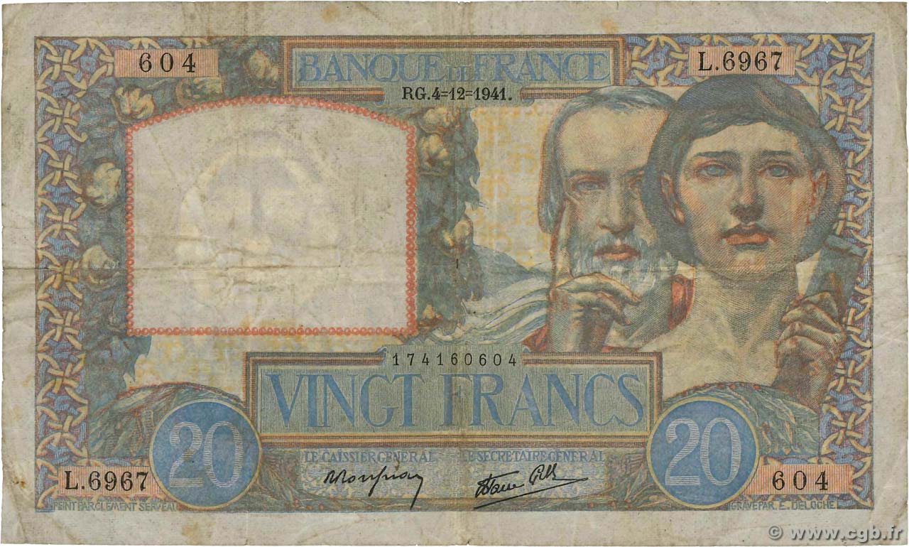 20 Francs TRAVAIL ET SCIENCE FRANKREICH  1941 F.12.20 fS
