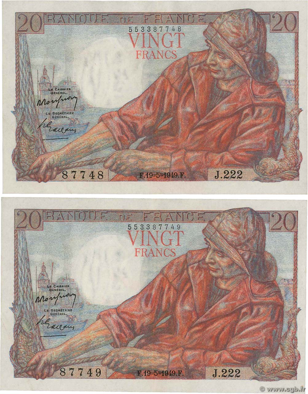 20 Francs PÊCHEUR Consécutifs FRANKREICH  1949 F.13.15 fVZ