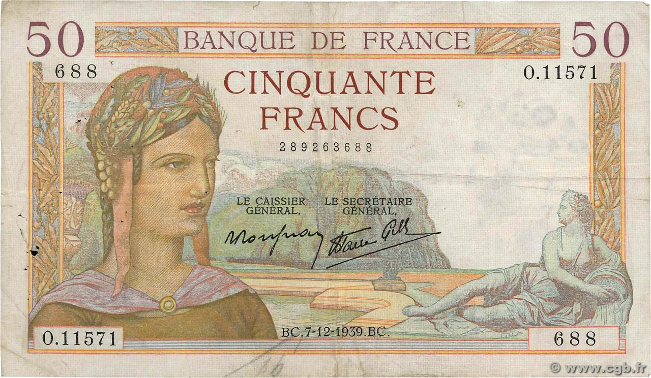 50 Francs CÉRÈS modifié FRANCE  1939 F.18.35 F-