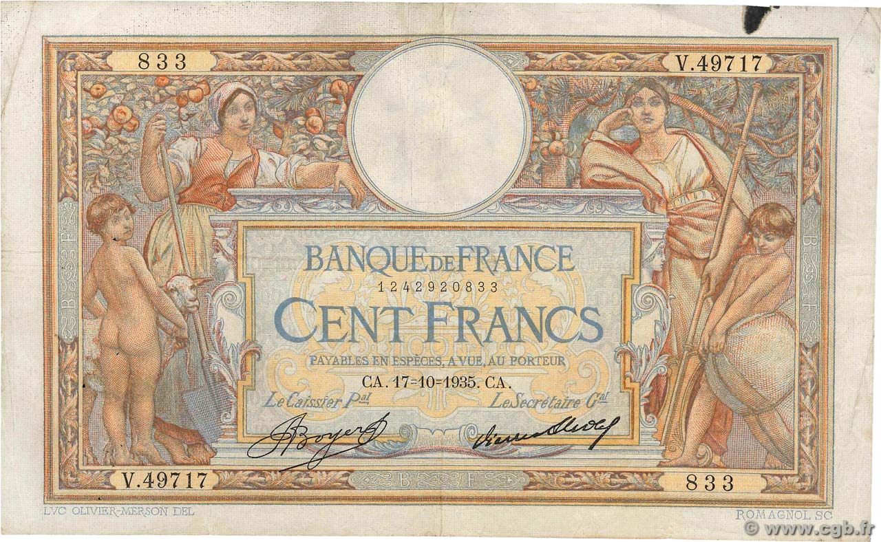 100 Francs LUC OLIVIER MERSON grands cartouches FRANCE  1935 F.24.14 TB+
