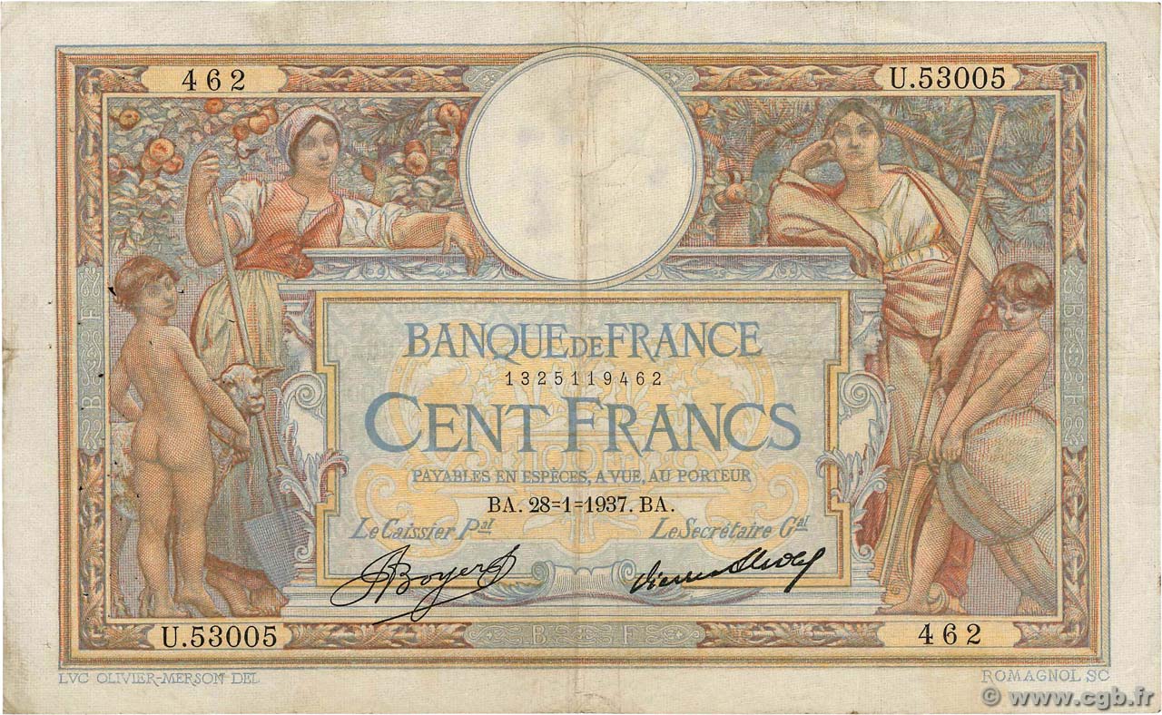 100 Francs LUC OLIVIER MERSON grands cartouches FRANKREICH  1937 F.24.16 S