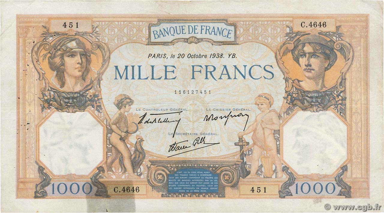 1000 Francs CÉRÈS ET MERCURE type modifié FRANCE  1938 F.38.30 TB