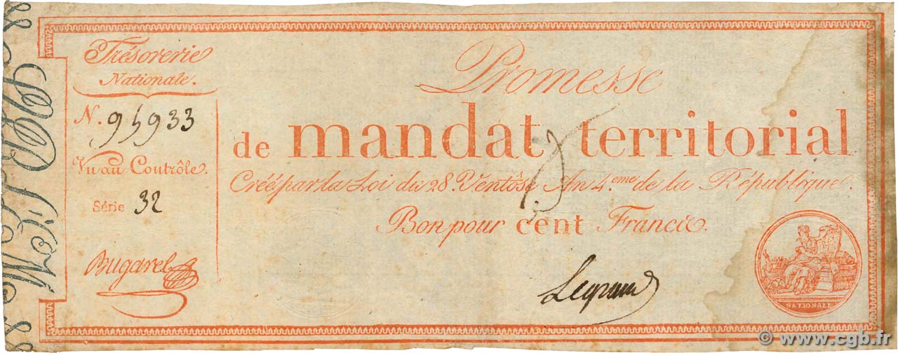 100 Francs avec série FRANCIA  1796 Ass.60b MB