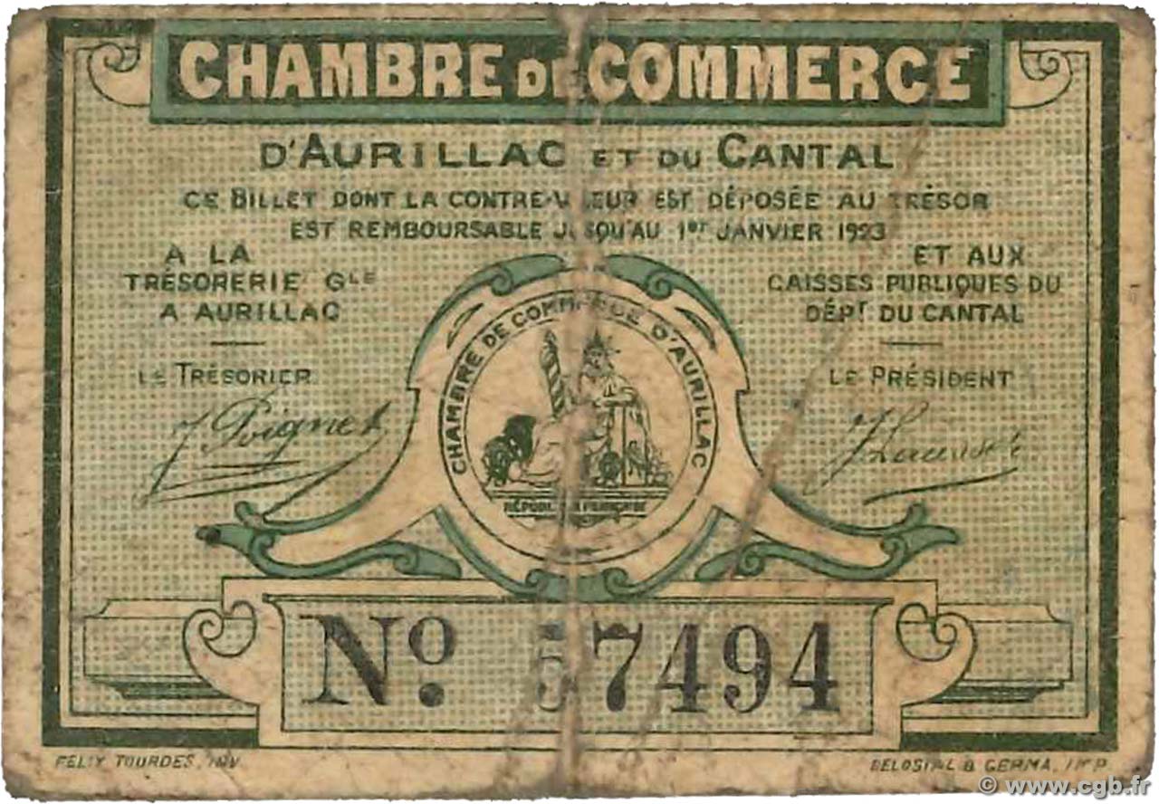 25 Centimes FRANCE Regionalismus und verschiedenen Aurillac 1917 JP.016.11 fS