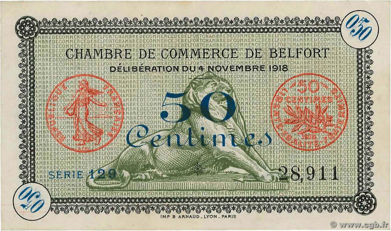 50 Centimes FRANCE regionalism and various Belfort 1918 JP.023.41 XF+