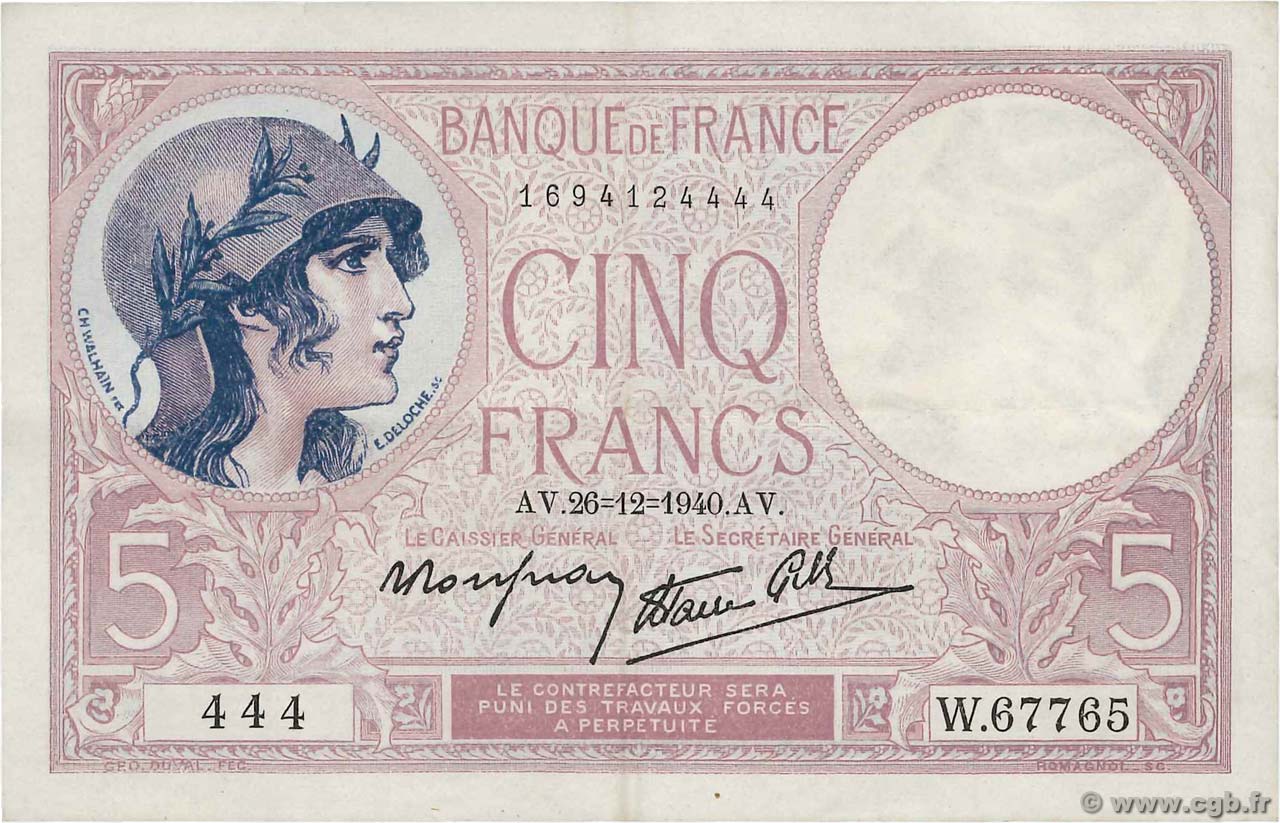 5 Francs FEMME CASQUÉE modifié FRANCE  1940 F.04.18 TTB