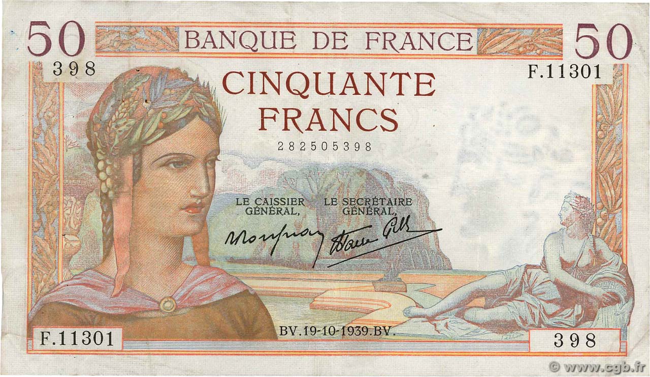 50 Francs CÉRÈS modifié FRANCE  1939 F.18.33 pr.TTB