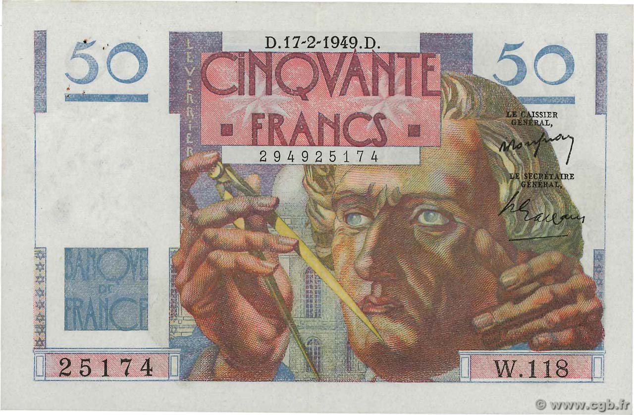 50 Francs LE VERRIER FRANKREICH  1949 F.20.11 VZ