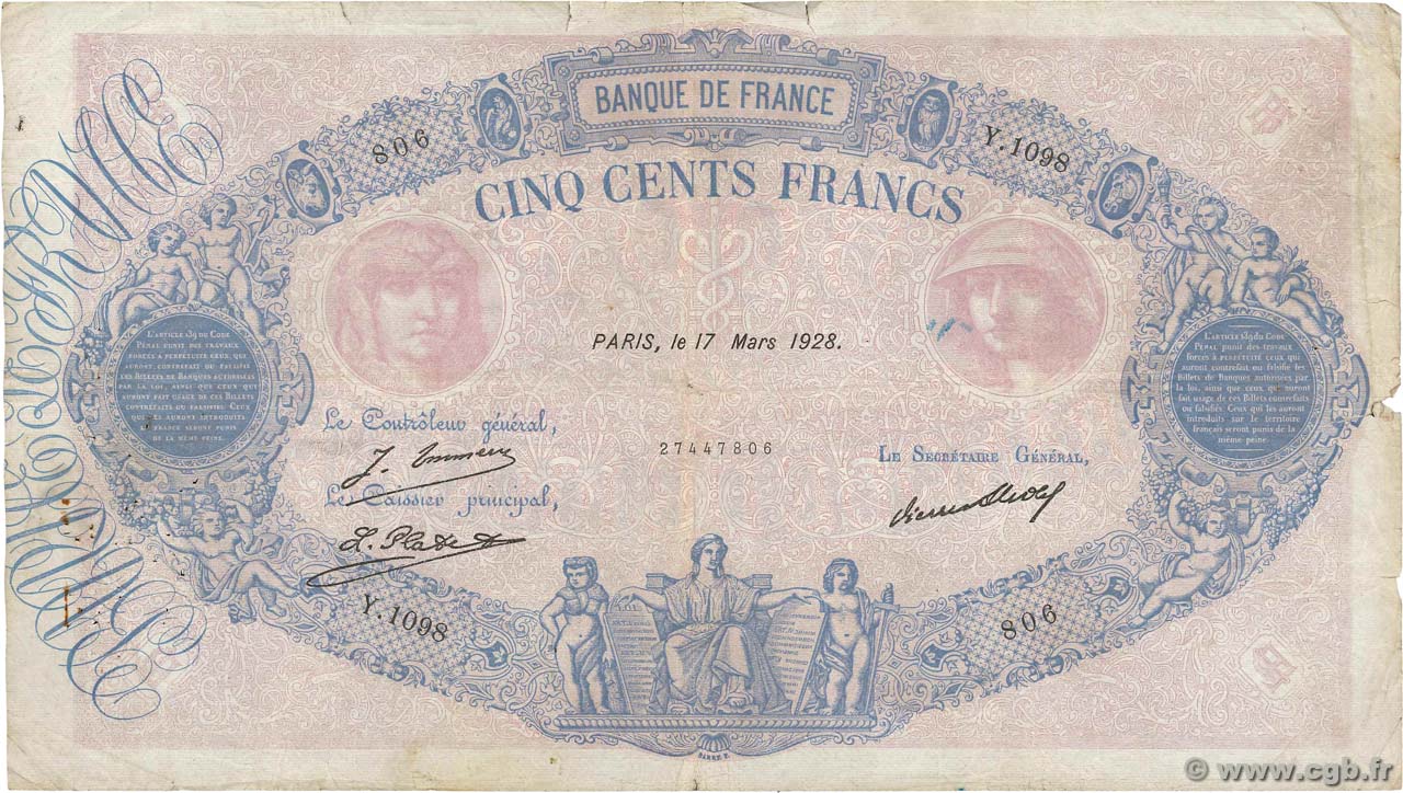 500 Francs BLEU ET ROSE FRANCIA  1928 F.30.31 RC
