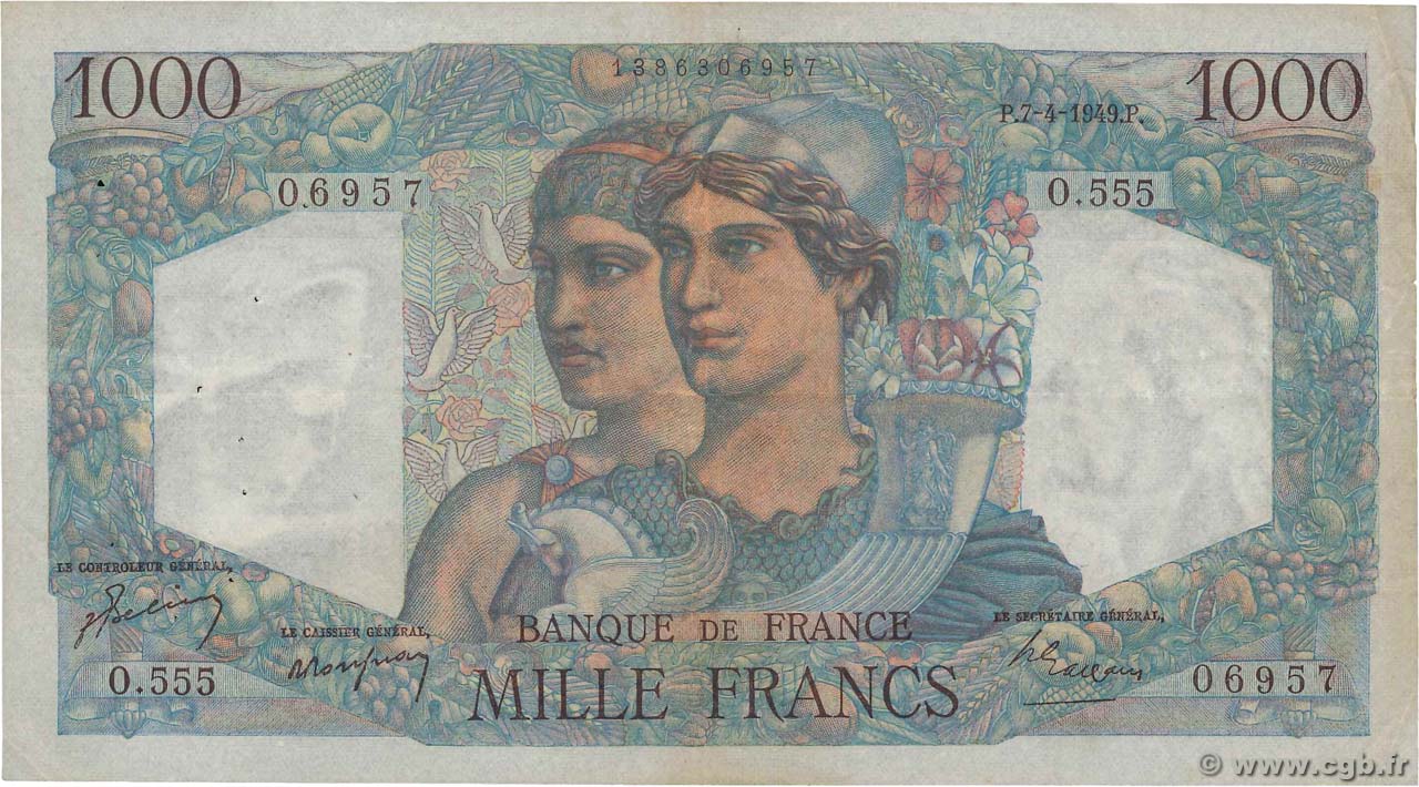 1000 Francs MINERVE ET HERCULE FRANCE  1949 F.41.26 VF