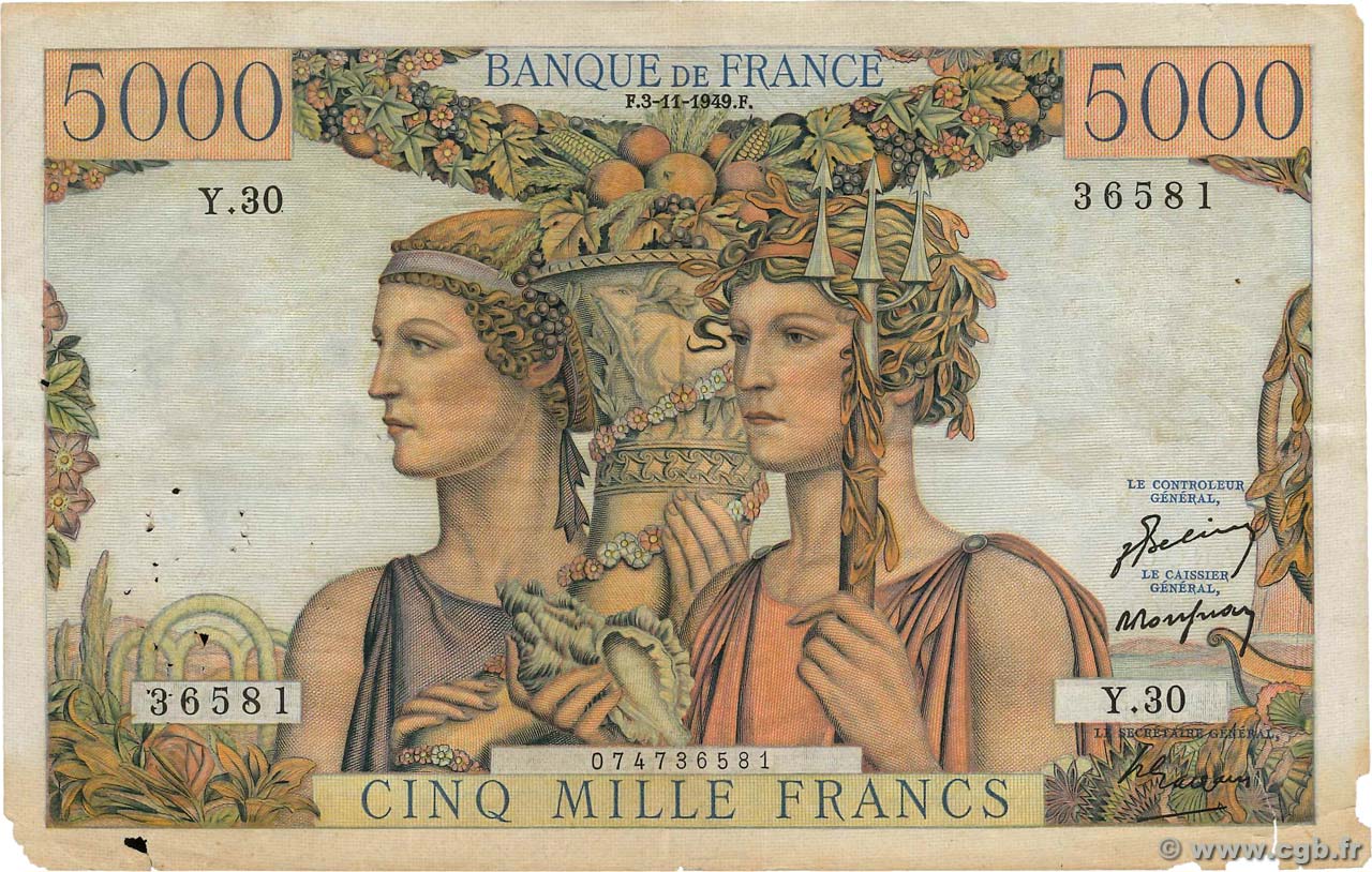 5000 Francs TERRE ET MER FRANKREICH  1949 F.48.02 fS