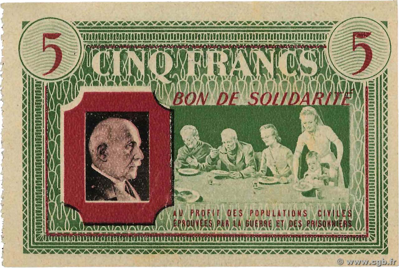 5 Francs BON DE SOLIDARITÉ FRANCE régionalisme et divers  1941 KL.05B1 SUP+