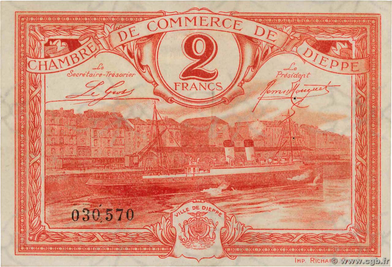 2 Francs FRANCE regionalism and various Dieppe 1920 JP.052.19 VF+