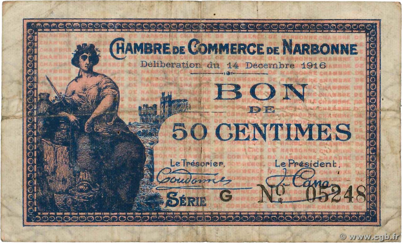 50 Centimes FRANCE régionalisme et divers Narbonne 1916 JP.089.09 TB